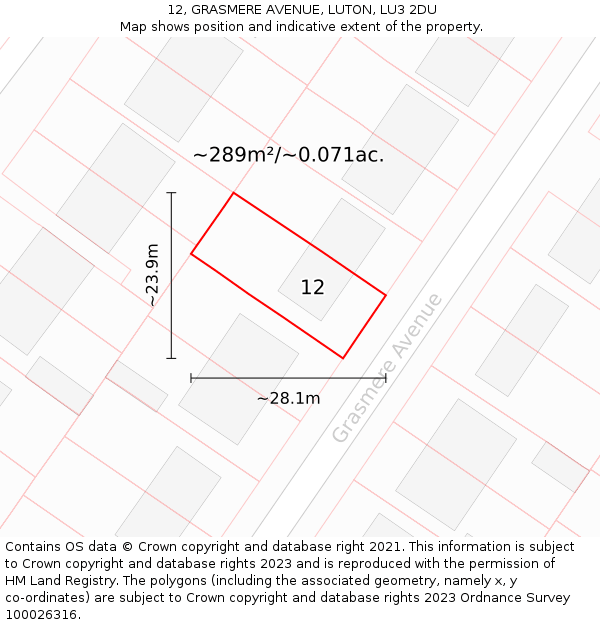 12, GRASMERE AVENUE, LUTON, LU3 2DU: Plot and title map