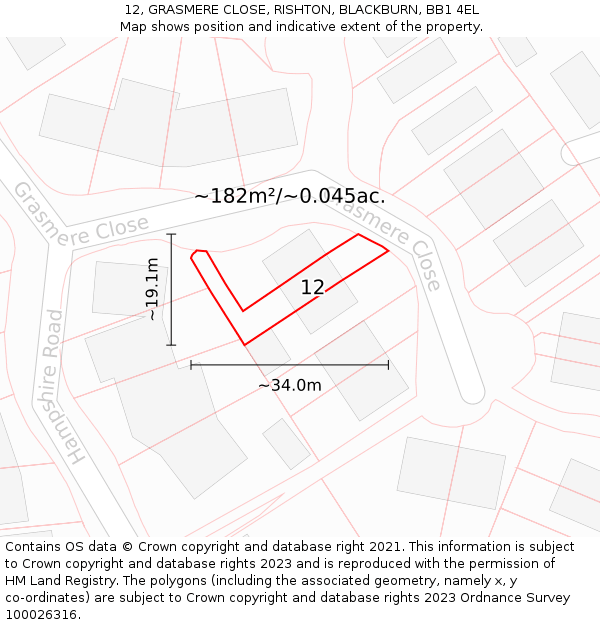 12, GRASMERE CLOSE, RISHTON, BLACKBURN, BB1 4EL: Plot and title map