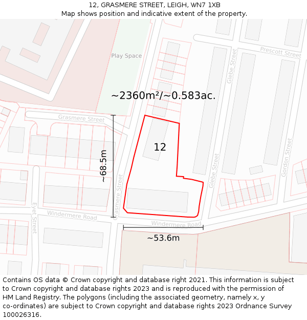 12, GRASMERE STREET, LEIGH, WN7 1XB: Plot and title map