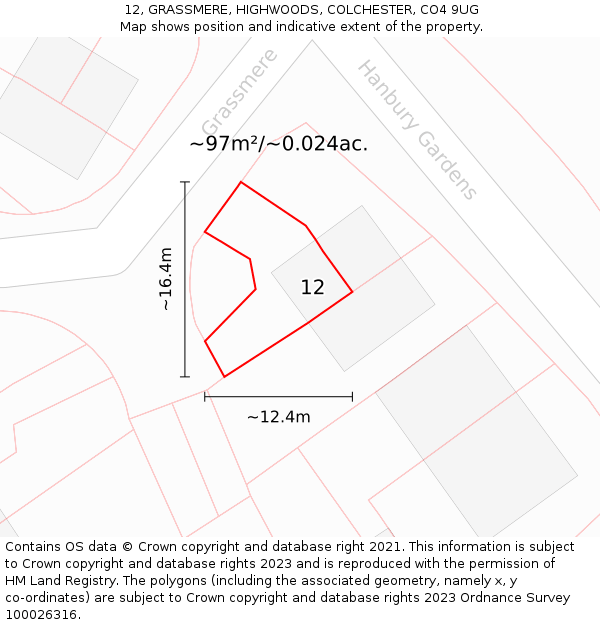 12, GRASSMERE, HIGHWOODS, COLCHESTER, CO4 9UG: Plot and title map