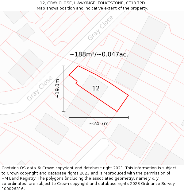 12, GRAY CLOSE, HAWKINGE, FOLKESTONE, CT18 7PD: Plot and title map