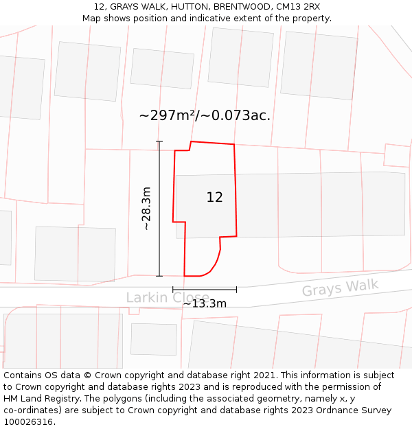 12, GRAYS WALK, HUTTON, BRENTWOOD, CM13 2RX: Plot and title map