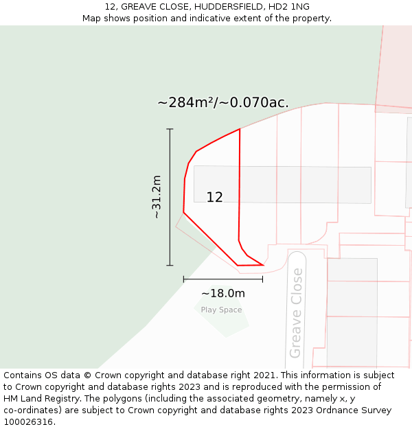 12, GREAVE CLOSE, HUDDERSFIELD, HD2 1NG: Plot and title map