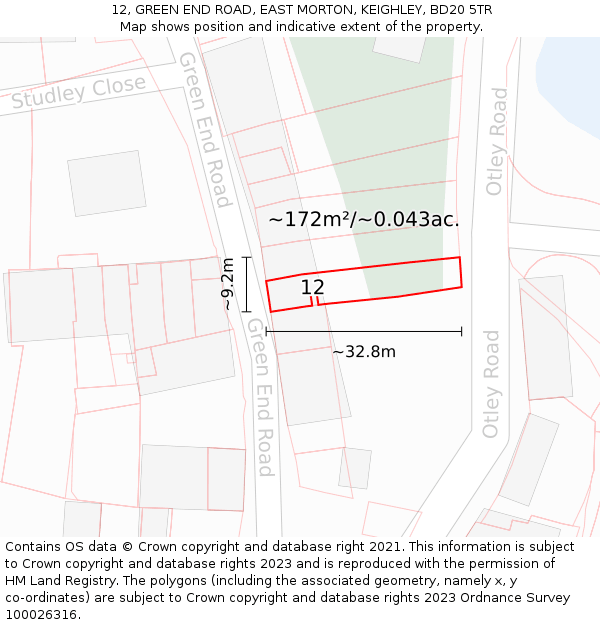 12, GREEN END ROAD, EAST MORTON, KEIGHLEY, BD20 5TR: Plot and title map