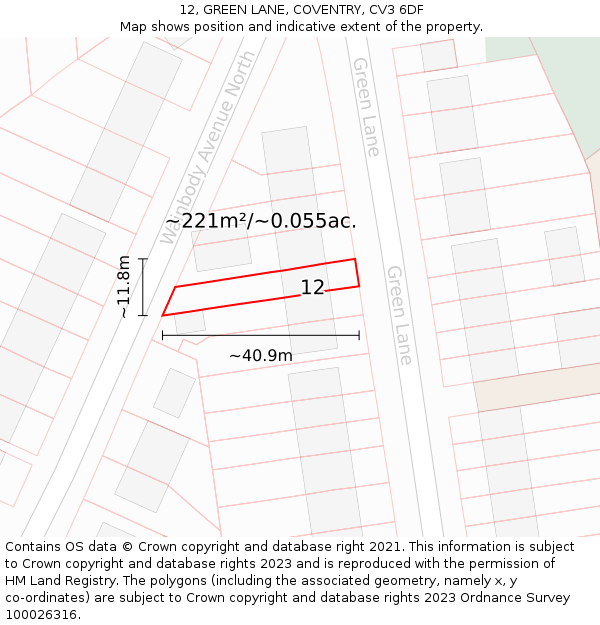12, GREEN LANE, COVENTRY, CV3 6DF: Plot and title map