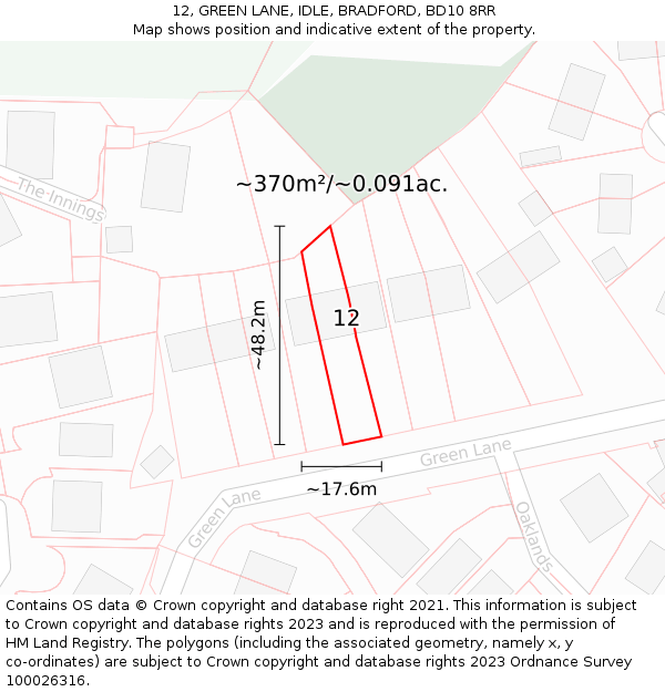 12, GREEN LANE, IDLE, BRADFORD, BD10 8RR: Plot and title map