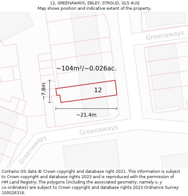 12, GREENAWAYS, EBLEY, STROUD, GL5 4UQ: Plot and title map
