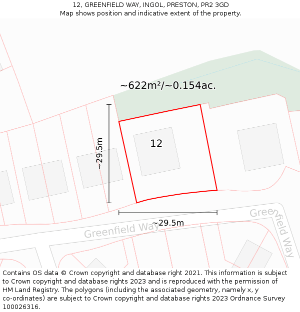 12, GREENFIELD WAY, INGOL, PRESTON, PR2 3GD: Plot and title map
