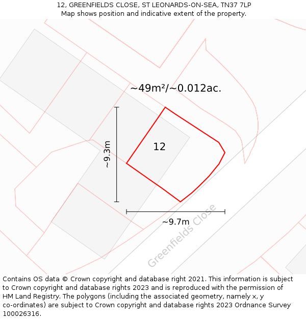 12, GREENFIELDS CLOSE, ST LEONARDS-ON-SEA, TN37 7LP: Plot and title map