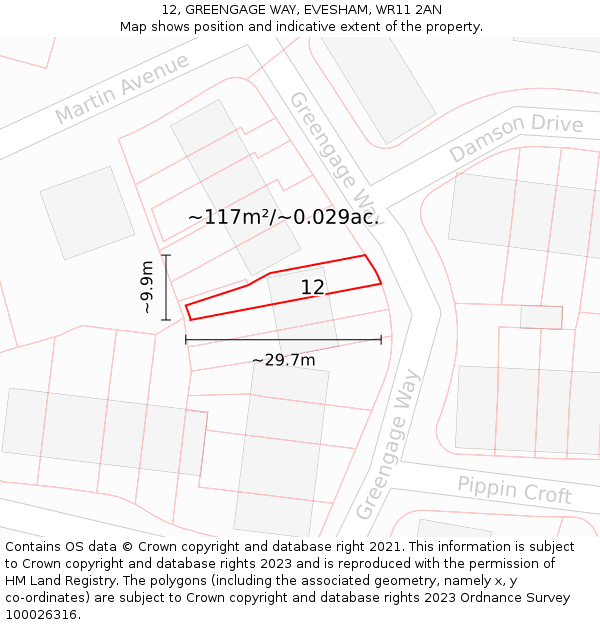12, GREENGAGE WAY, EVESHAM, WR11 2AN: Plot and title map