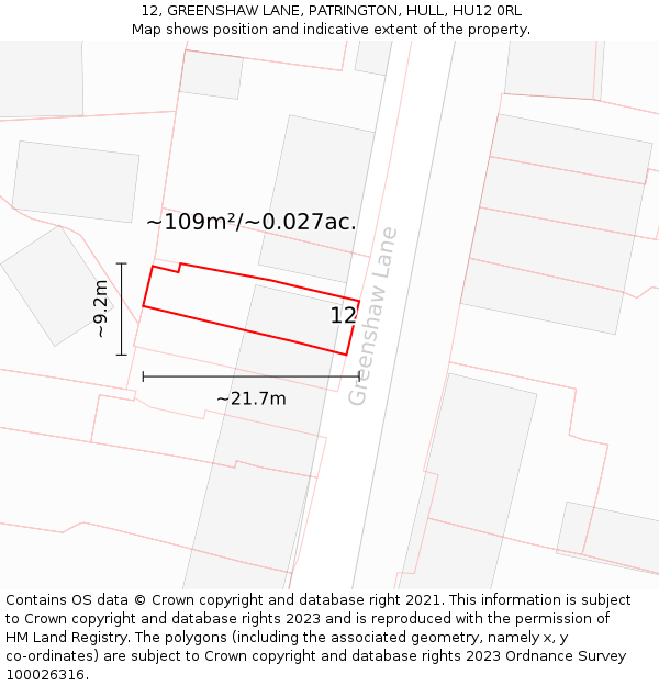 12, GREENSHAW LANE, PATRINGTON, HULL, HU12 0RL: Plot and title map