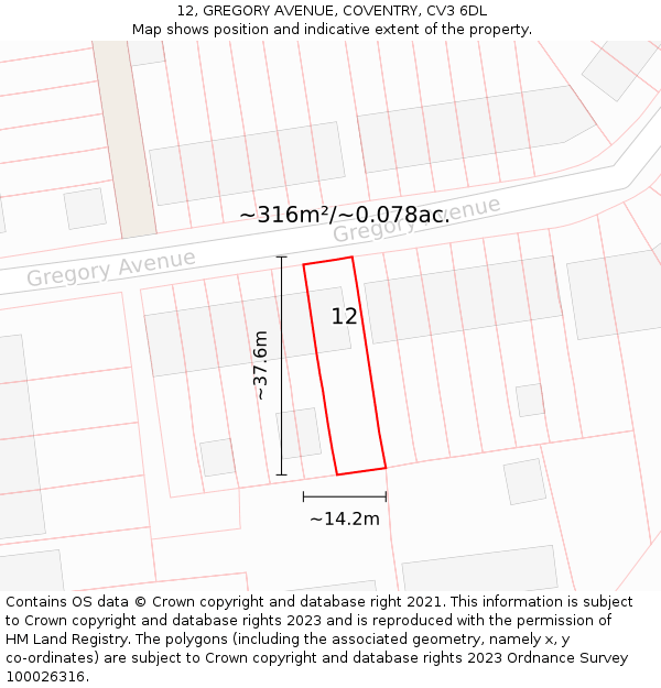 12, GREGORY AVENUE, COVENTRY, CV3 6DL: Plot and title map