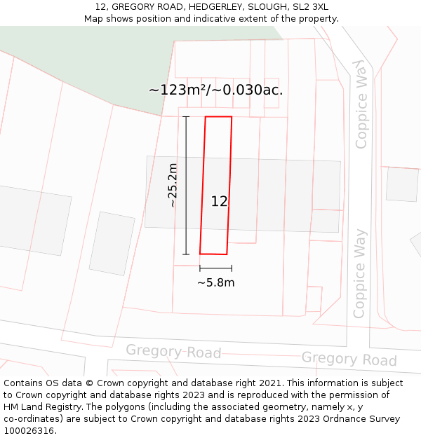 12, GREGORY ROAD, HEDGERLEY, SLOUGH, SL2 3XL: Plot and title map