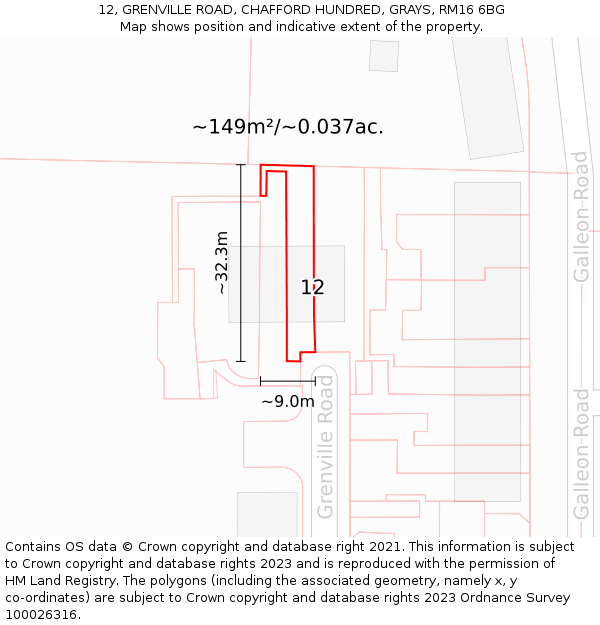 12, GRENVILLE ROAD, CHAFFORD HUNDRED, GRAYS, RM16 6BG: Plot and title map