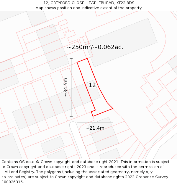 12, GREYFORD CLOSE, LEATHERHEAD, KT22 8DS: Plot and title map