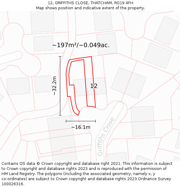 12, GRIFFITHS CLOSE, THATCHAM, RG19 4FH: Plot and title map
