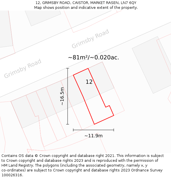 12, GRIMSBY ROAD, CAISTOR, MARKET RASEN, LN7 6QY: Plot and title map