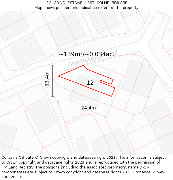 12, GRINDLESTONE HIRST, COLNE, BB8 8BF: Plot and title map