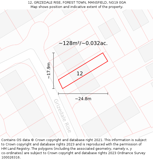 12, GRIZEDALE RISE, FOREST TOWN, MANSFIELD, NG19 0GA: Plot and title map