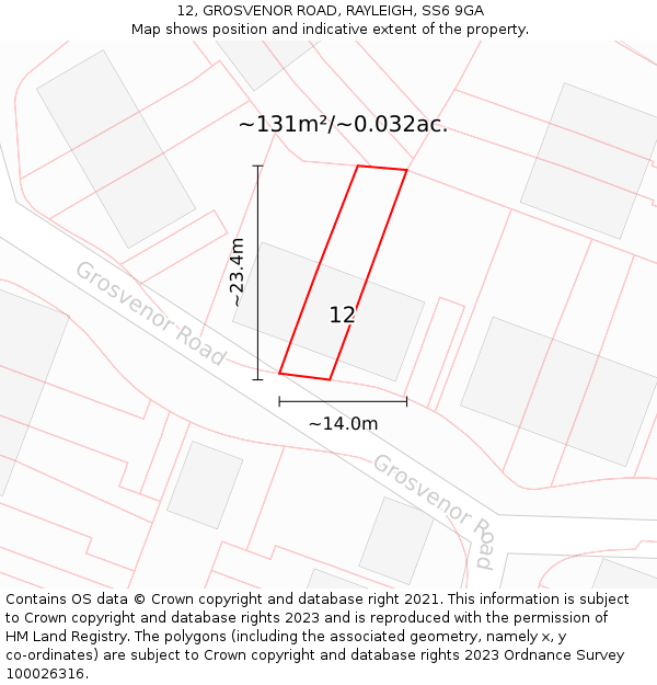 12, GROSVENOR ROAD, RAYLEIGH, SS6 9GA: Plot and title map