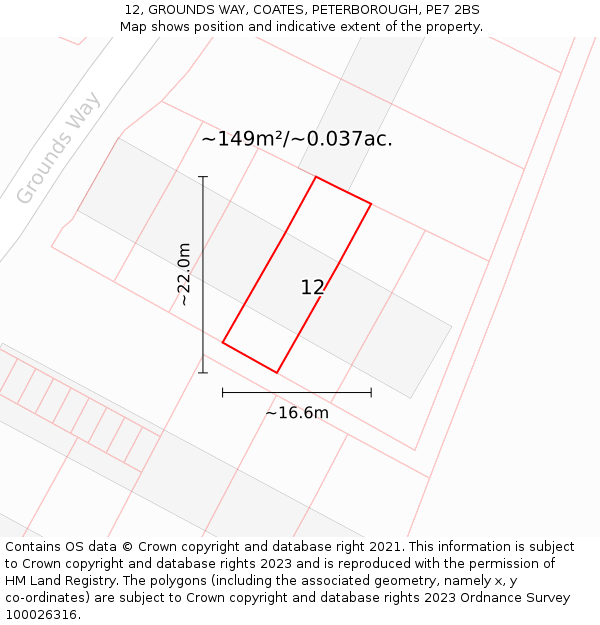 12, GROUNDS WAY, COATES, PETERBOROUGH, PE7 2BS: Plot and title map
