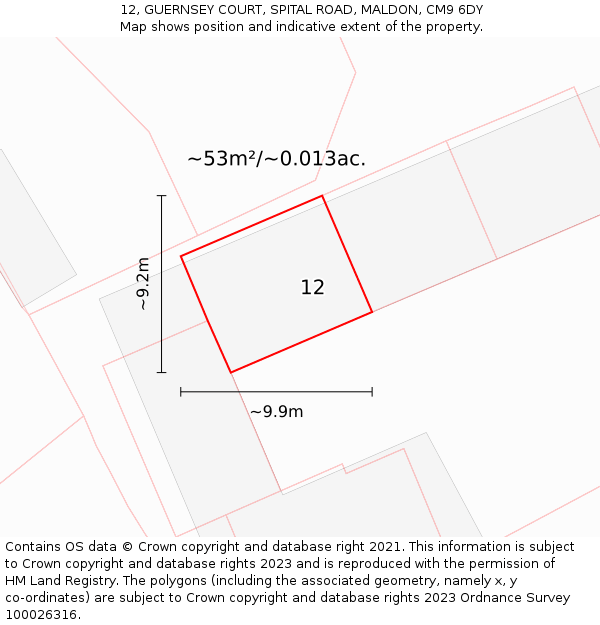 12, GUERNSEY COURT, SPITAL ROAD, MALDON, CM9 6DY: Plot and title map