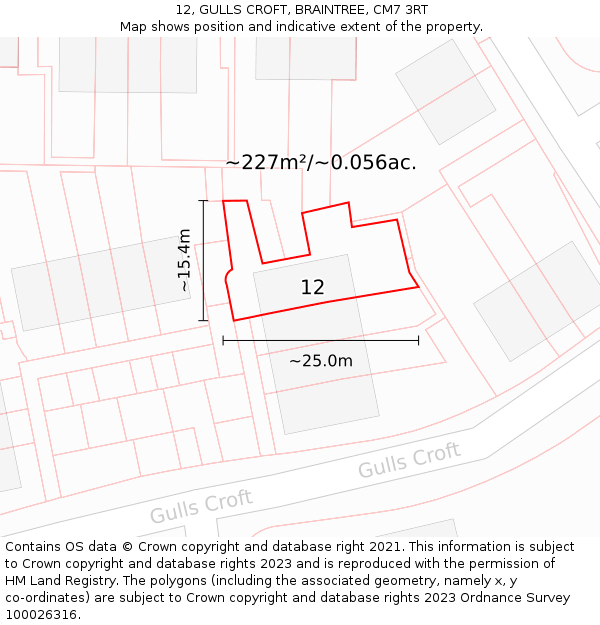 12, GULLS CROFT, BRAINTREE, CM7 3RT: Plot and title map