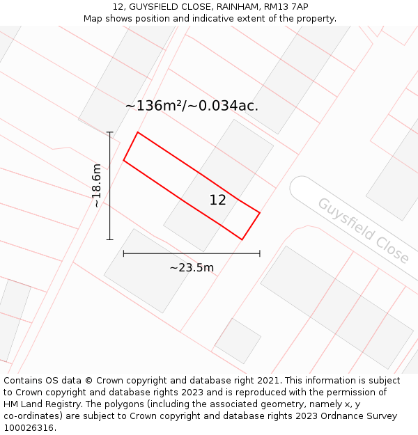 12, GUYSFIELD CLOSE, RAINHAM, RM13 7AP: Plot and title map