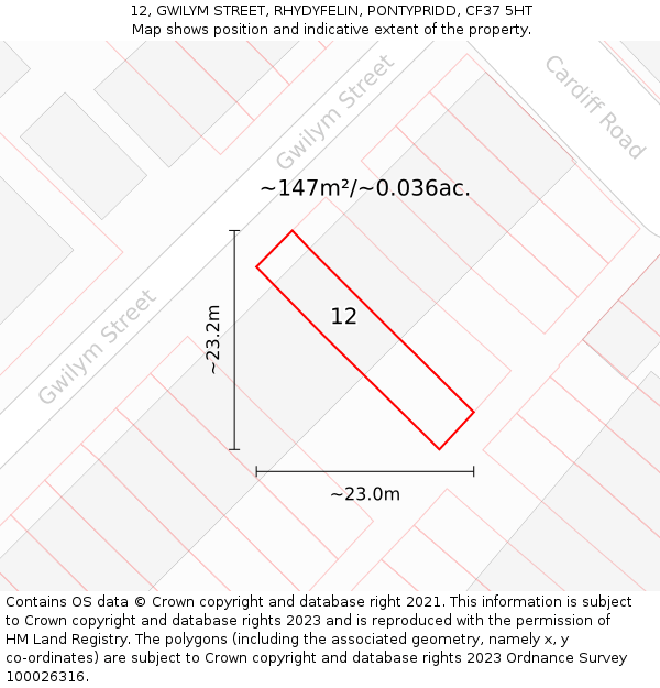 12, GWILYM STREET, RHYDYFELIN, PONTYPRIDD, CF37 5HT: Plot and title map