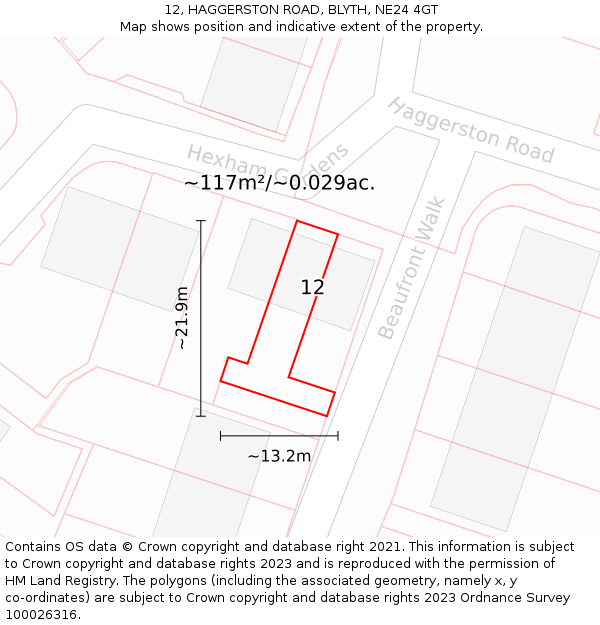 12, HAGGERSTON ROAD, BLYTH, NE24 4GT: Plot and title map
