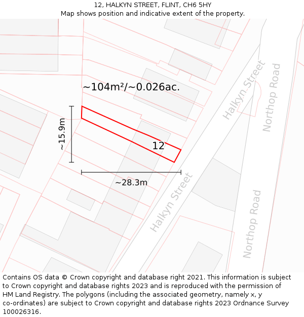 12, HALKYN STREET, FLINT, CH6 5HY: Plot and title map