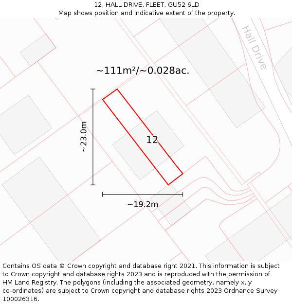 12, HALL DRIVE, FLEET, GU52 6LD: Plot and title map