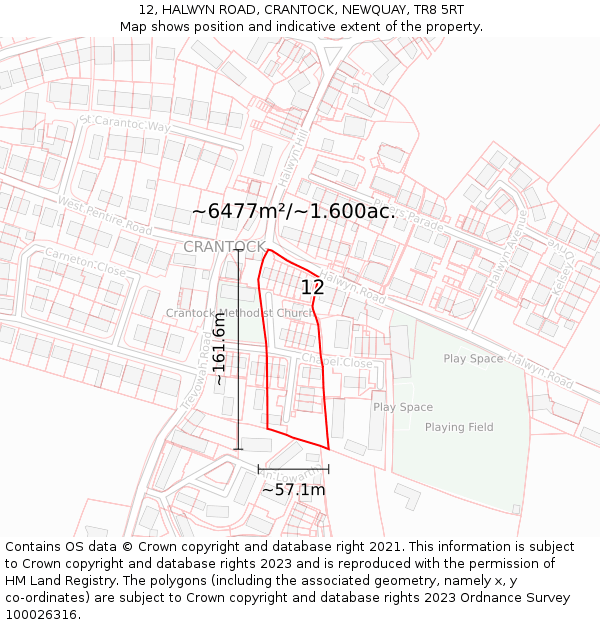 12, HALWYN ROAD, CRANTOCK, NEWQUAY, TR8 5RT: Plot and title map
