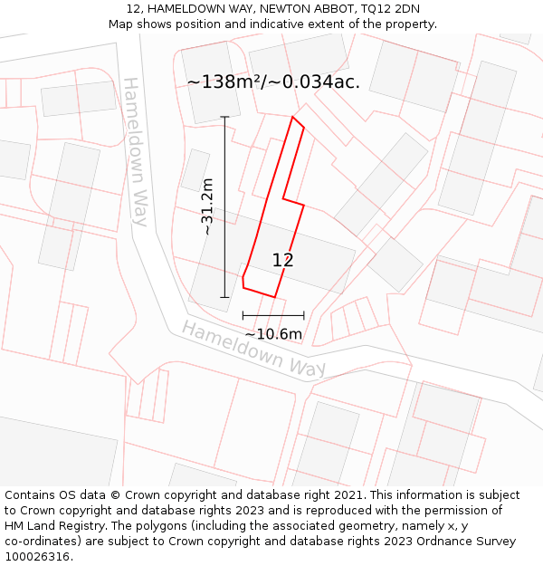 12, HAMELDOWN WAY, NEWTON ABBOT, TQ12 2DN: Plot and title map