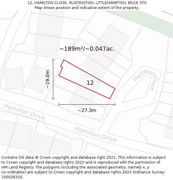 12, HAMILTON CLOSE, RUSTINGTON, LITTLEHAMPTON, BN16 3TN: Plot and title map