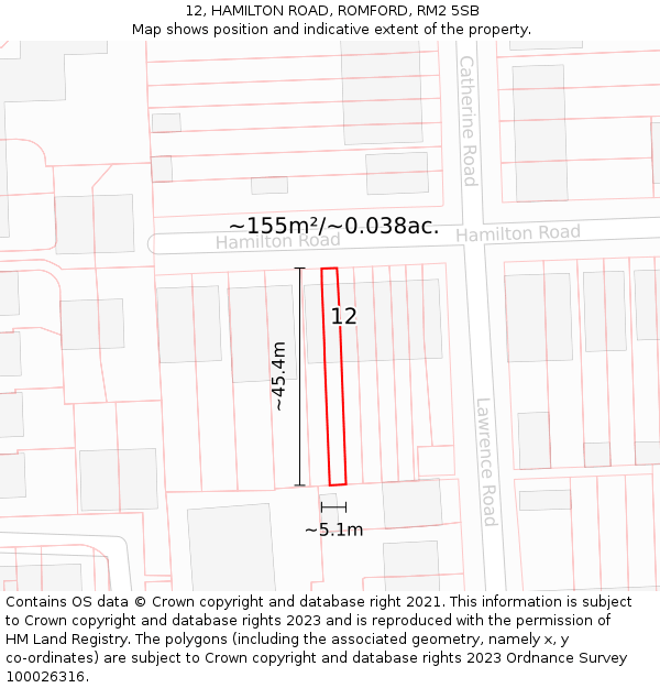 12, HAMILTON ROAD, ROMFORD, RM2 5SB: Plot and title map