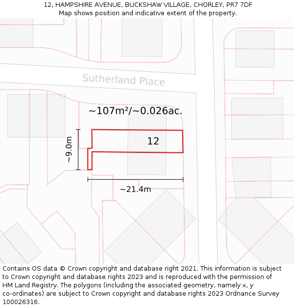 12, HAMPSHIRE AVENUE, BUCKSHAW VILLAGE, CHORLEY, PR7 7DF: Plot and title map