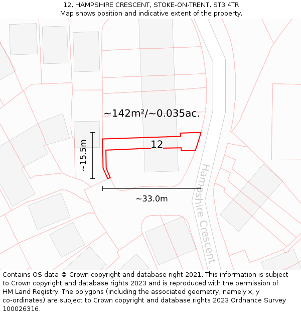 12, HAMPSHIRE CRESCENT, STOKE-ON-TRENT, ST3 4TR: Plot and title map