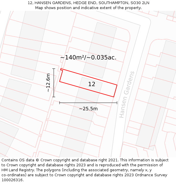 12, HANSEN GARDENS, HEDGE END, SOUTHAMPTON, SO30 2LN: Plot and title map