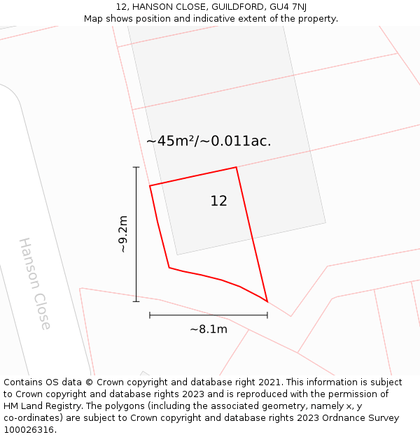 12, HANSON CLOSE, GUILDFORD, GU4 7NJ: Plot and title map