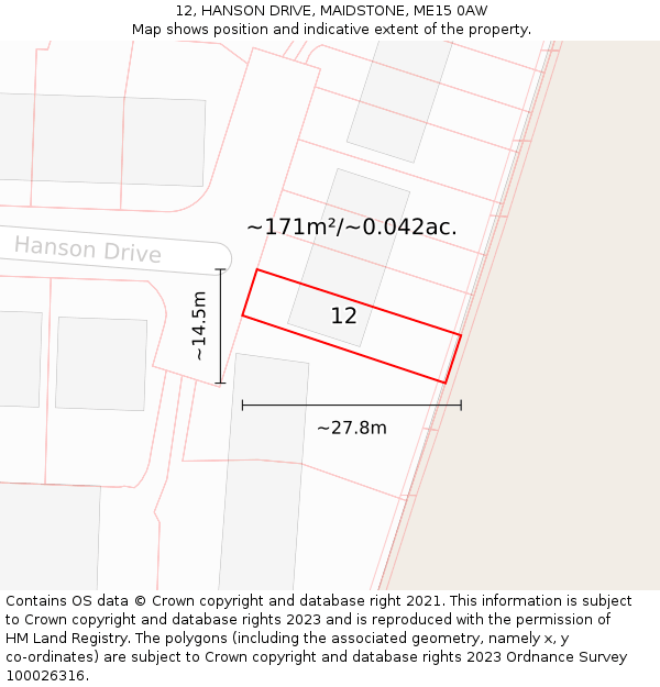 12, HANSON DRIVE, MAIDSTONE, ME15 0AW: Plot and title map