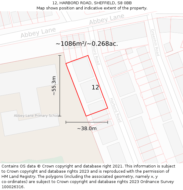 12, HARBORD ROAD, SHEFFIELD, S8 0BB: Plot and title map