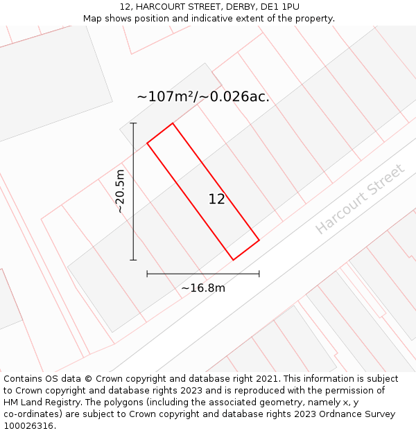 12, HARCOURT STREET, DERBY, DE1 1PU: Plot and title map