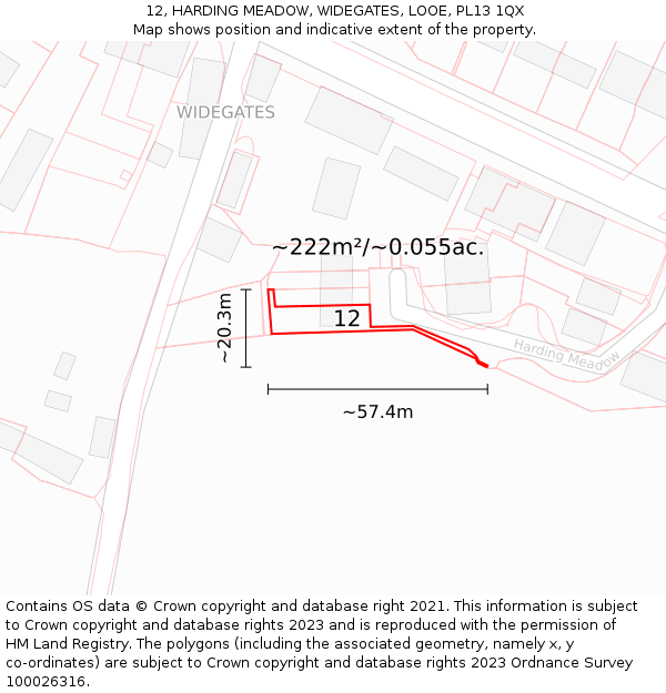 12, HARDING MEADOW, WIDEGATES, LOOE, PL13 1QX: Plot and title map