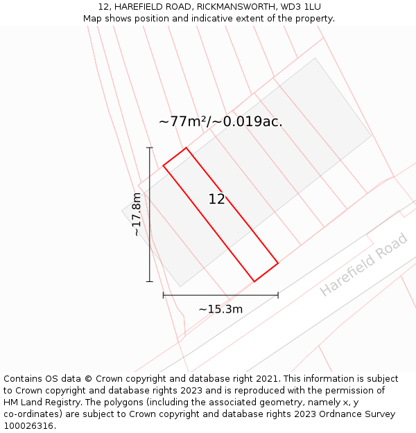 12, HAREFIELD ROAD, RICKMANSWORTH, WD3 1LU: Plot and title map