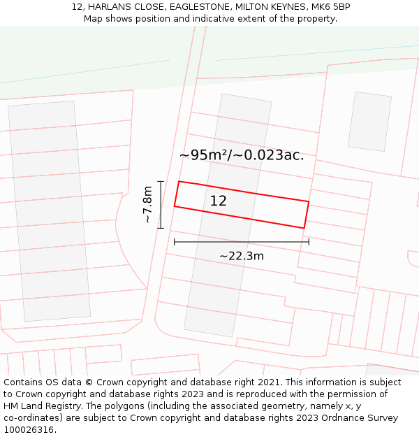12, HARLANS CLOSE, EAGLESTONE, MILTON KEYNES, MK6 5BP: Plot and title map