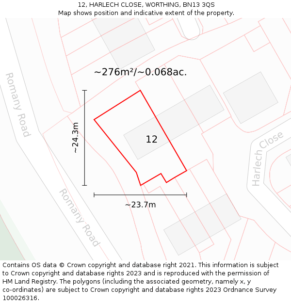 12, HARLECH CLOSE, WORTHING, BN13 3QS: Plot and title map