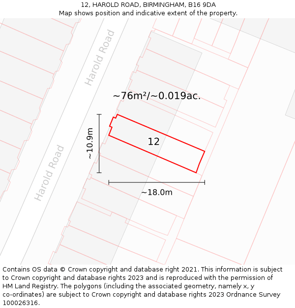 12, HAROLD ROAD, BIRMINGHAM, B16 9DA: Plot and title map