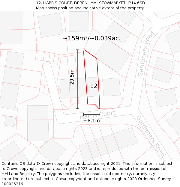 12, HARRIS COURT, DEBENHAM, STOWMARKET, IP14 6SB: Plot and title map