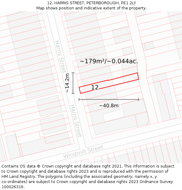 12, HARRIS STREET, PETERBOROUGH, PE1 2LY: Plot and title map